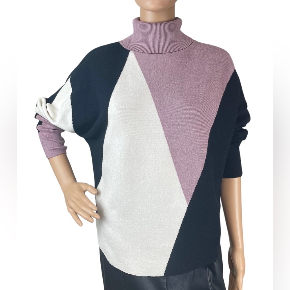 Milano Sweater Turtleneck Batwing Black Cream Purple Medium